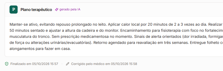 Tela do MedCore: o cabeçalho do mesmo bloco depois da correção; o selo gerado pela IA continua.