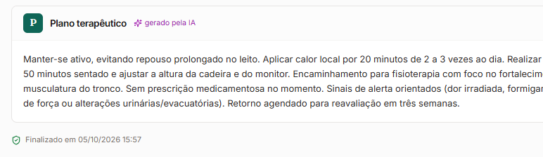 Tela do MedCore: o cabeçalho do bloco Plano terapêutico, com o selo gerado pela IA.